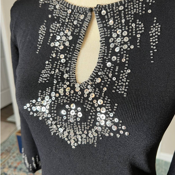 Joseph A Black Sweater with Sequins and Beads and Three Quarter Sleeves Size SP - Picture 2 of 5